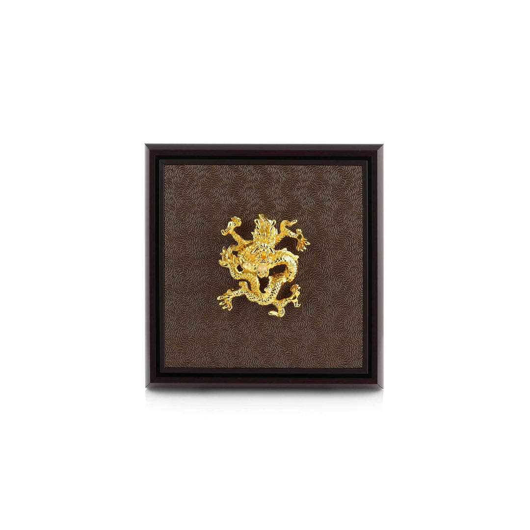 Risis Dragon Majestic Frame - A golden dragon with intricate detailing is set against a textured dark background, displayed in a simple framed design. The dragon's form exudes an ornate and majestic quality.
