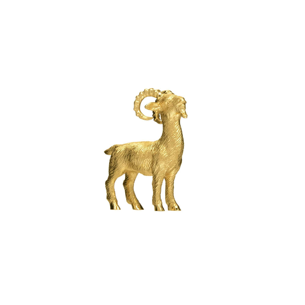 Risis Mini Orientals - Goat - A golden sculpture of an ibex stands with textured fur detail, prominently displaying its curved and ridged horns.