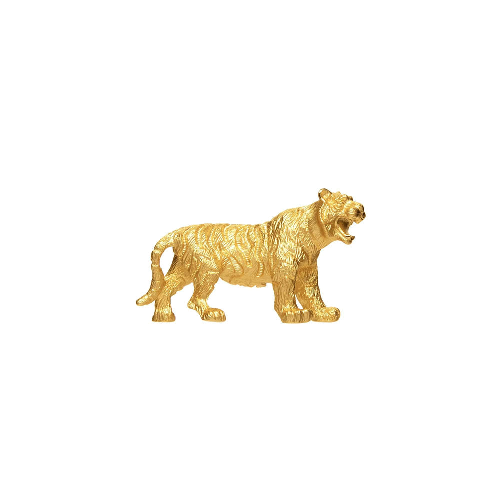 Risis Mini Orientals - Tiger - A golden statue of a tiger in mid-stride, mouth agape, with intricate surface textures reflecting light, conveying a sense of movement and ferocity.