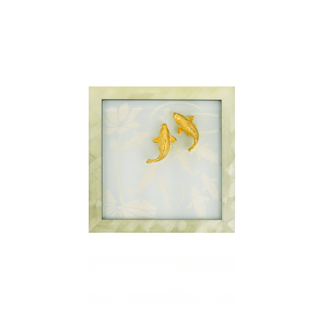 Risis Nine Carp On Frame IV - Two golden koi fish brooches with intricate scales are displayed on a light floral patterned backdrop.