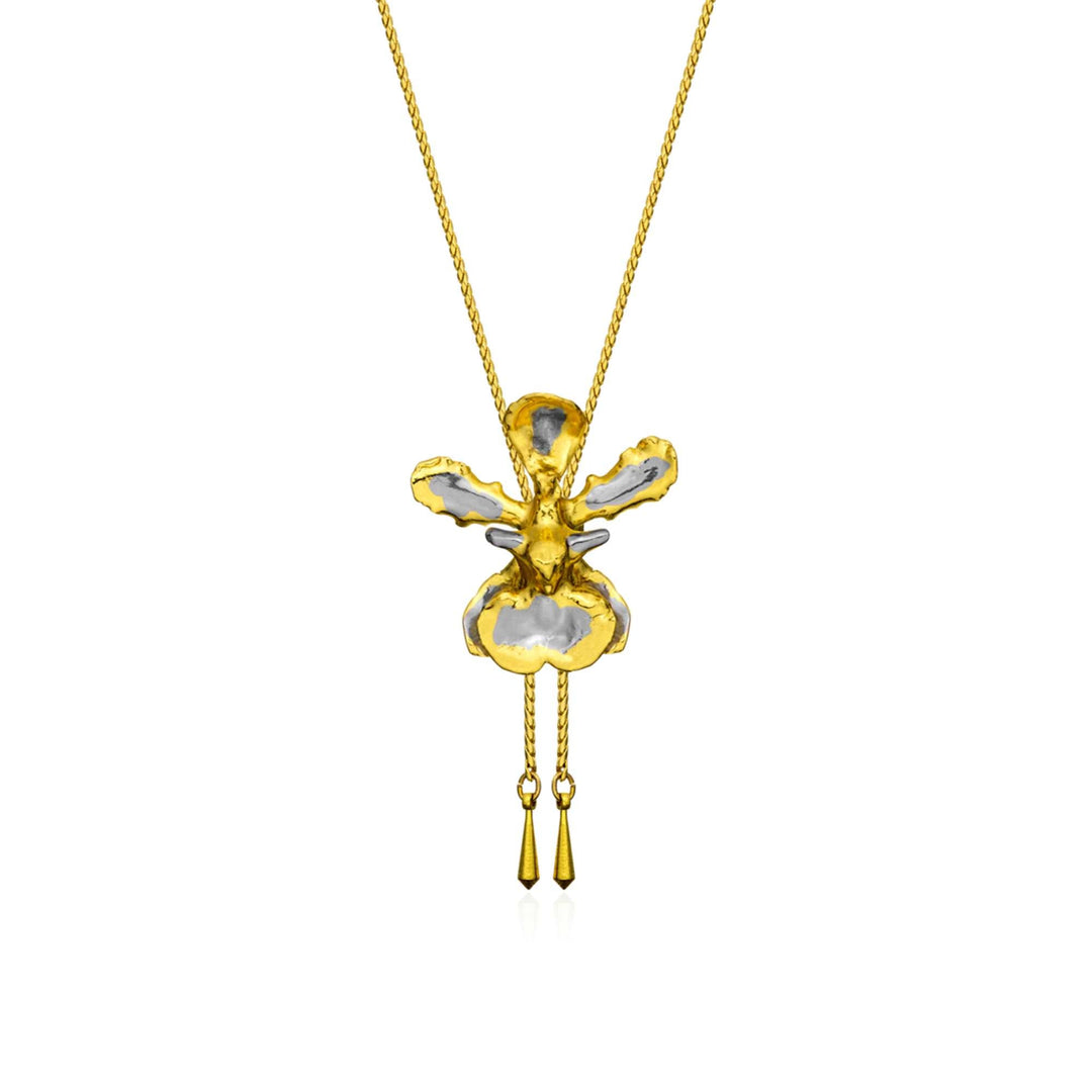 Risis Oncidium Mary Saporita Orchid Slider Necklace (PG) - A golden necklace with a bee-shaped pendant featuring translucent wings and two dangling elements resembling the bee's lower body.