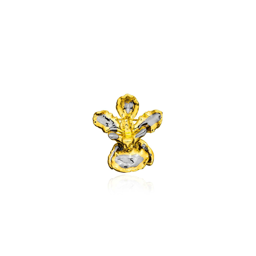 Risis Oncidium Mary Saporita Orchid Brooch/Pendant (PG) - A glossy, golden-yellow and silver jewelry piece shaped like a five-petaled flower with a prominent, reflective surface.
