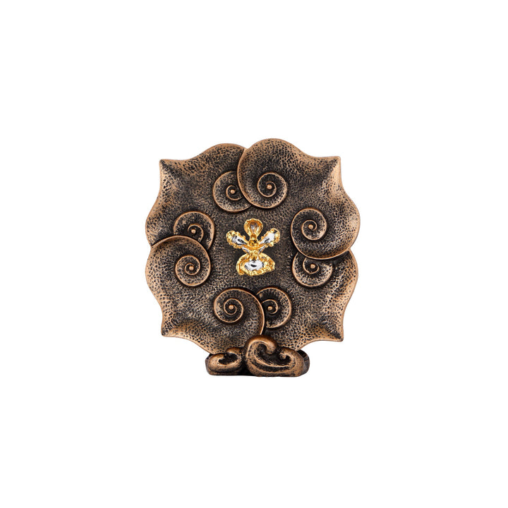Risis Oncidium Mary Saporita Ruyi Plate - An antique bronze brooch with floral-inspired swirls, featuring a central, sparkling golden embellishment with clear and yellow gemstones.