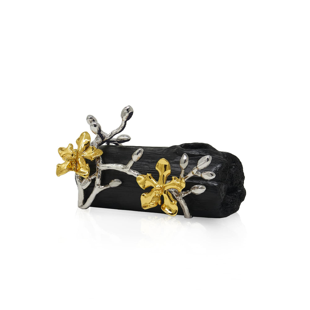 Risis Orchid Spiral Charcoal Pen and Name Card Holder - A black artistic object with silver branches and gold flowers, elegantly combining natural forms with precious metallic hues.
