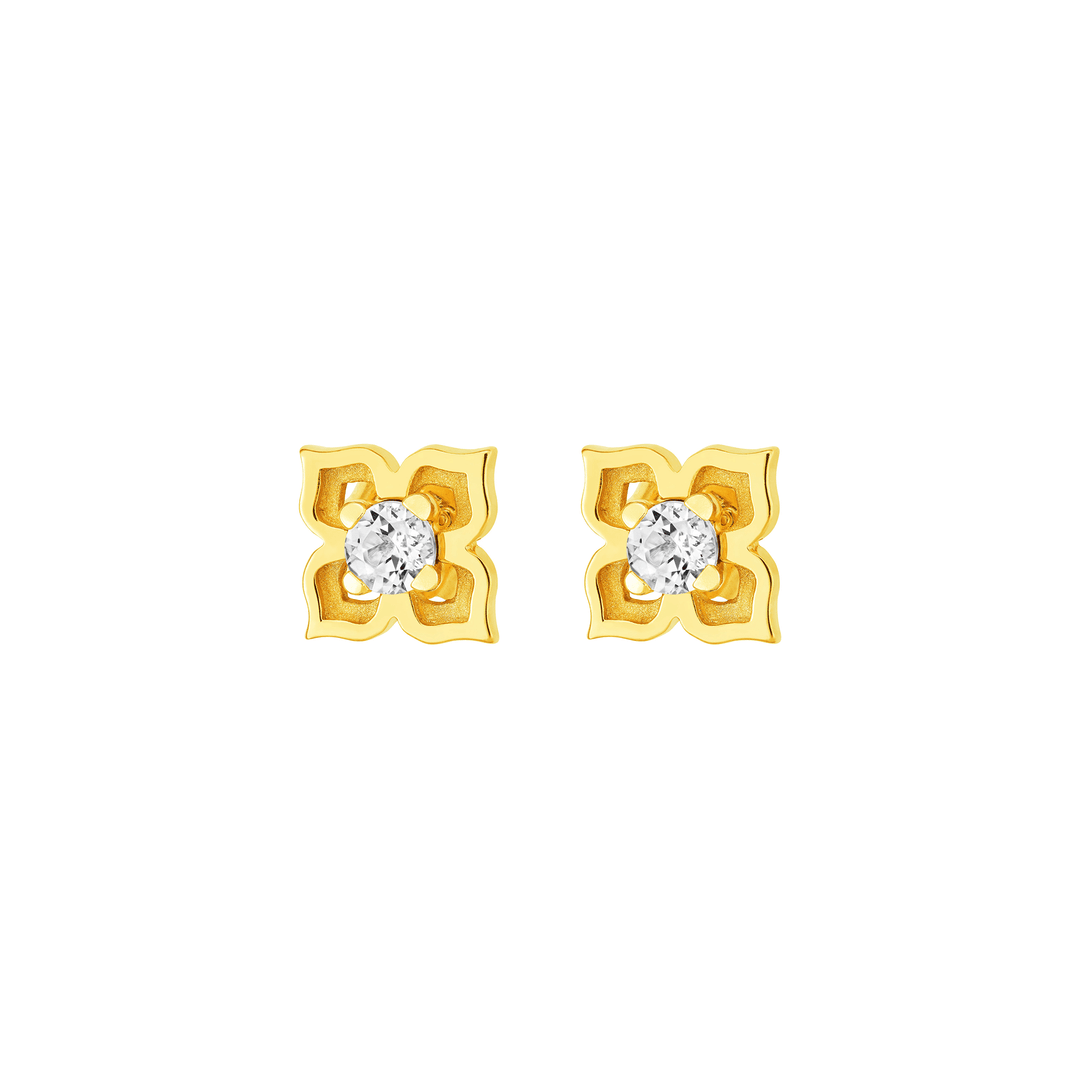 Risis Peranakan Earrings with White Topaz (G) - A pair of gold-toned, flower-shaped earrings, each with a sparkling central gemstone, designed with an elegant and bright aesthetic.