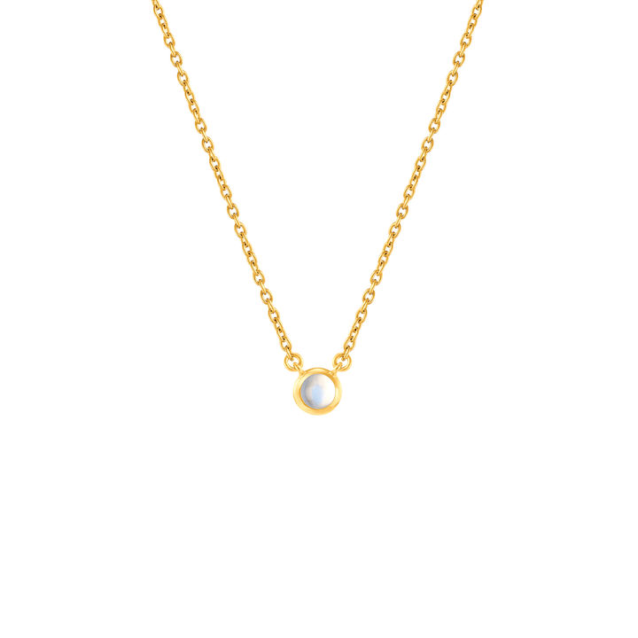 Risis Peranakan Jewel Necklace with Moonstone - A delicate gold chain necklace with a solitary, lustrous pearl pendant. The pearl is cradled in a simple gold setting.
