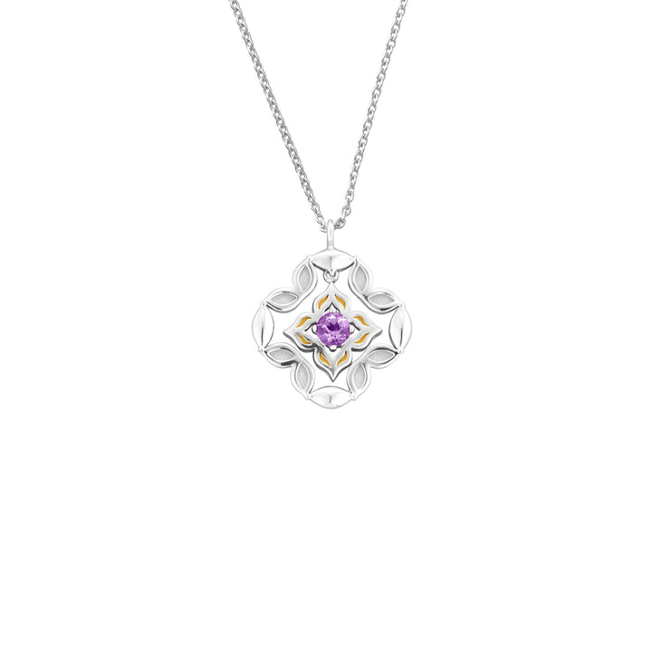 Risis Peranakan Moments Darling Necklace with Amethyst - A silver necklace with an ornate pendant showcasing a symmetrical floral design, accented with a central purple gemstone surrounded by gold and white details.