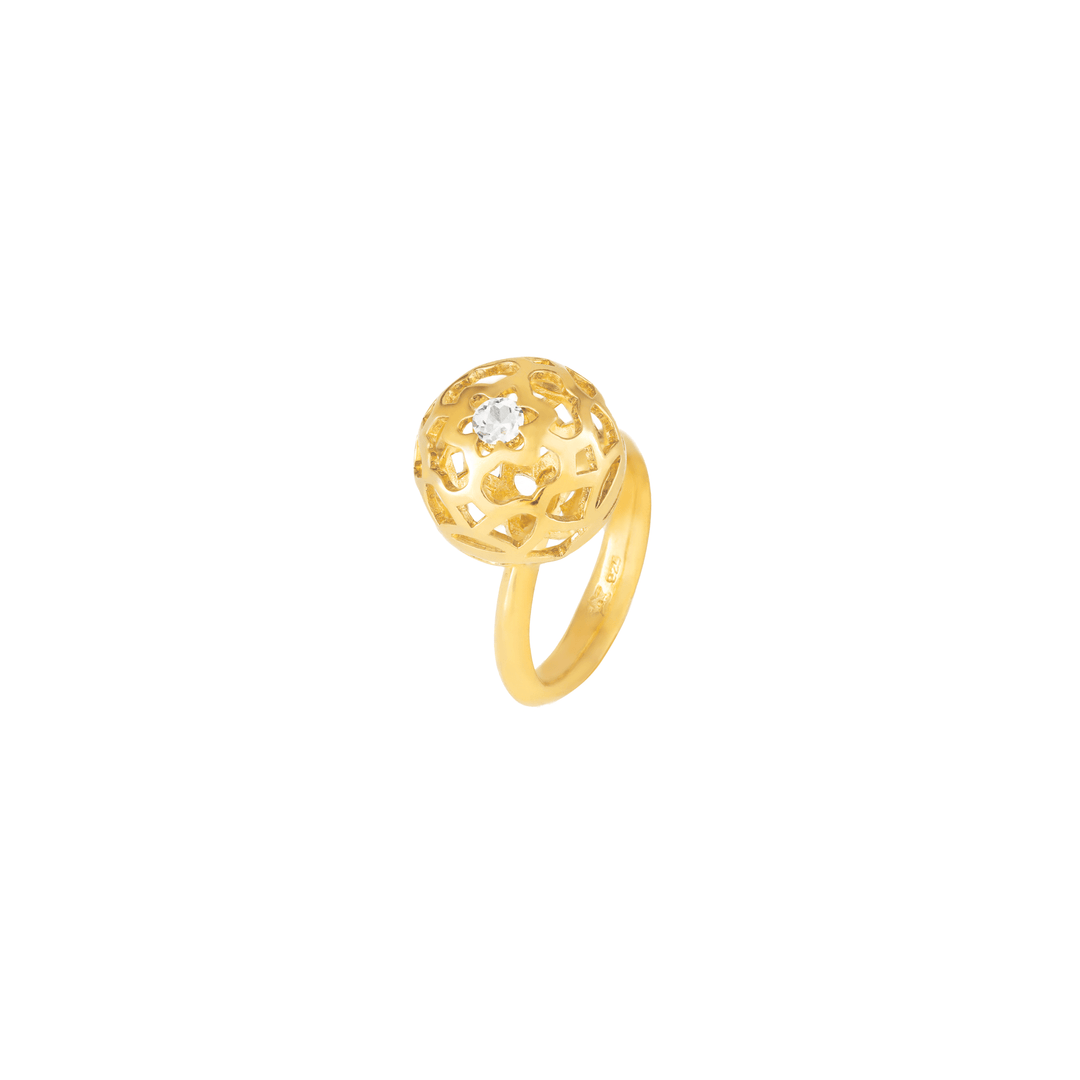 Risis Peranakan Spheres Large Ring with White Topaz (G) - A golden ring with a spherical, filigree design set with a central sparkling gemstone.