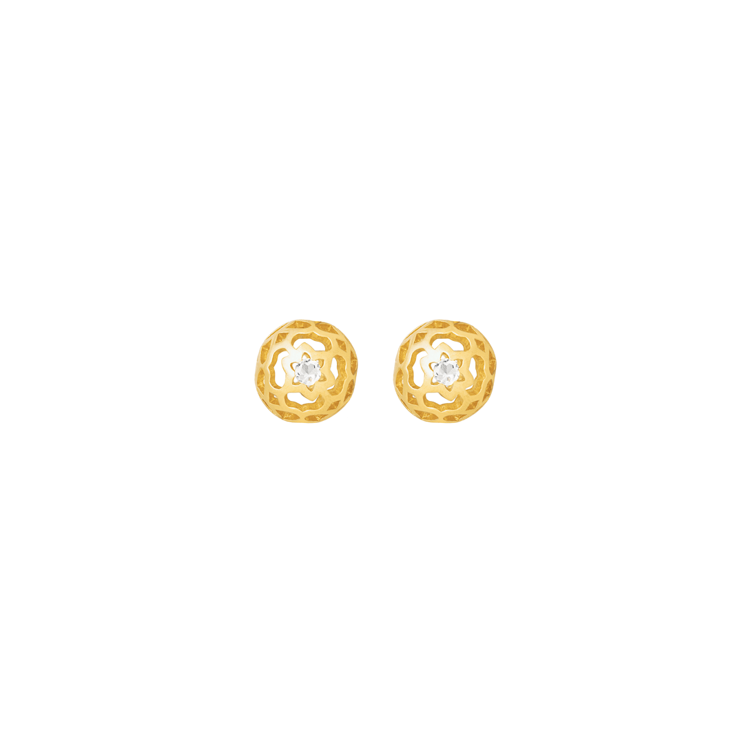 Risis Peranakan Spheres Pierced Earrings with White Topaz (G) - A pair of round, gold earrings with intricate, openwork design and a white flower at the center.