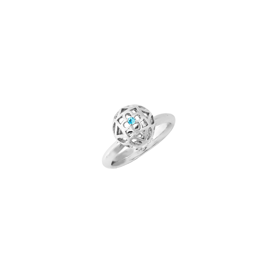 Risis Peranakan Spheres Small Ring with Blue Topaz (RH) - A silver ring featuring an intricate, spherical filigree design with a small blue gemstone at the center. The craftsmanship is delicate and detailed.