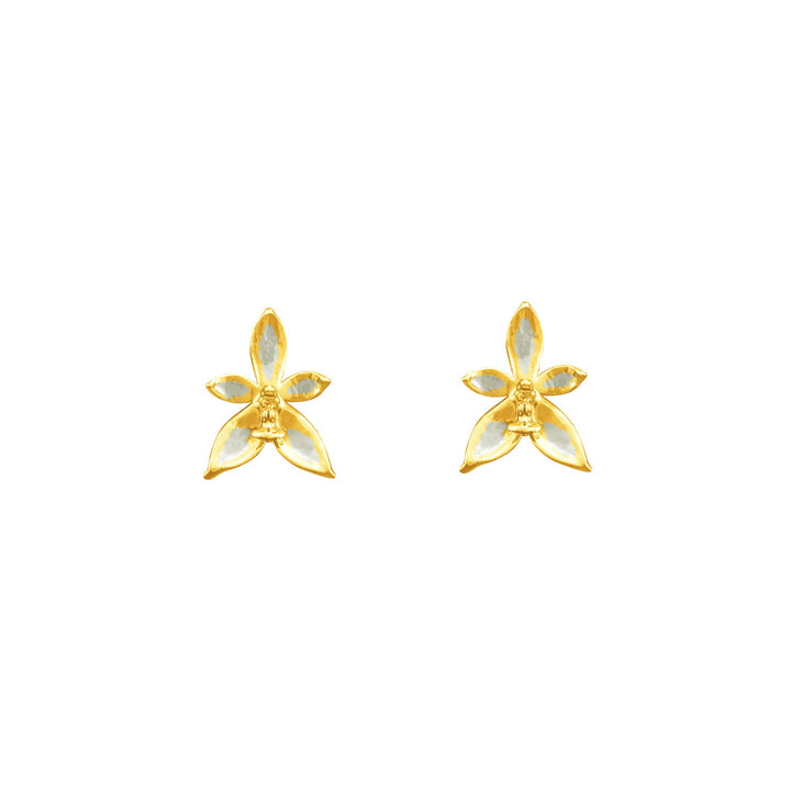 Risis Phalaenopsis Blossom Earrings - A pair of golden earrings shaped like five-petaled flowers with a glossy finish, simulating the natural form and delicate structure of a blooming flower.