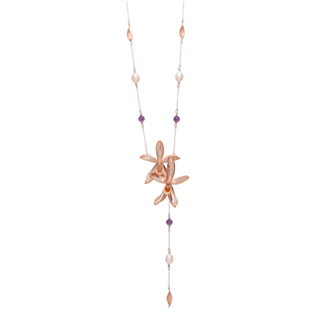 Risis Phalaenopsis Cochlearis with White Fresh Water Pearls and Amethyst (RHRG) - A rose gold necklace with a lustrous central flower pendant, accented by pearls and purple gems, suspended on a delicate chain.