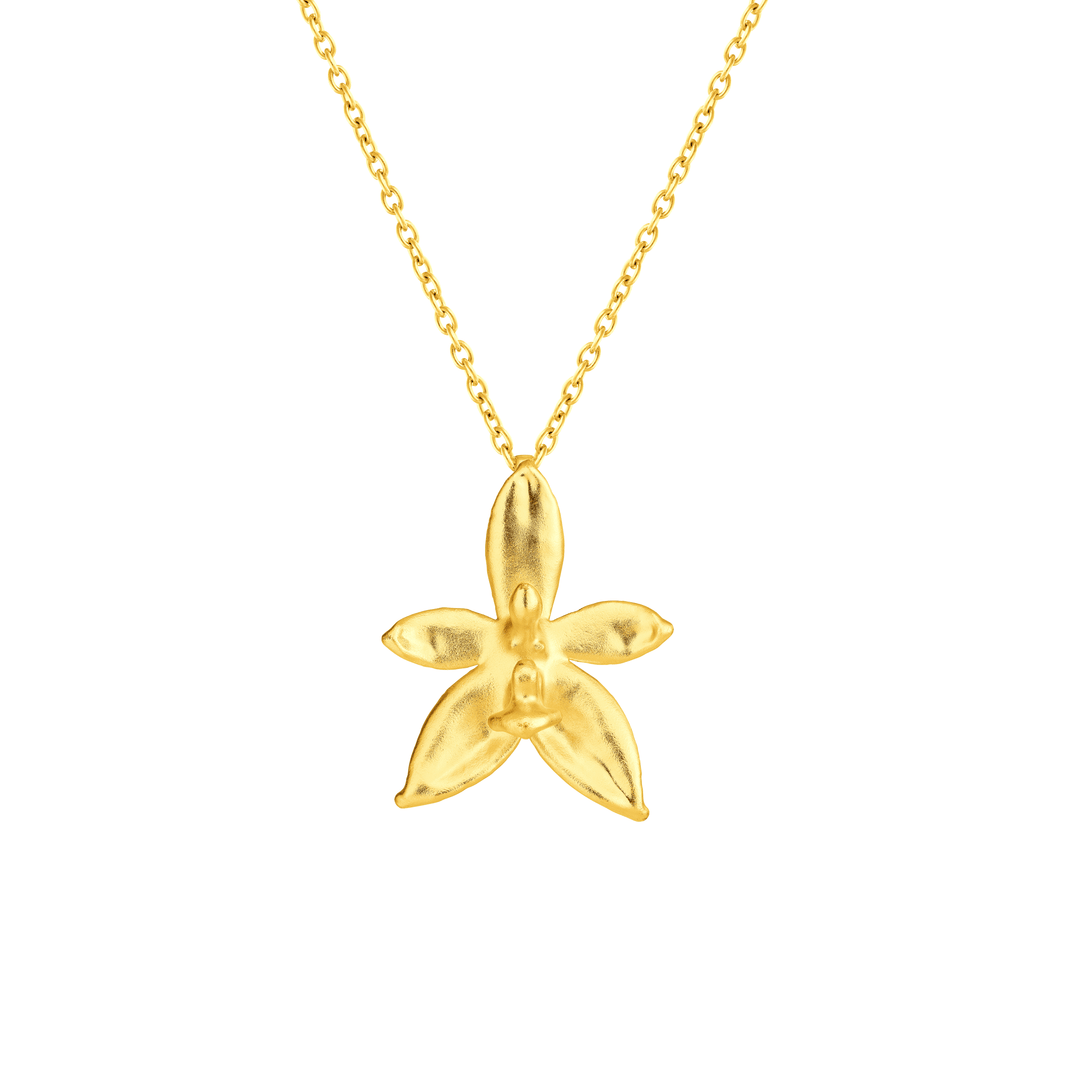 Risis Phalaenopsis Cornu Cervi Orchid Necklace (G) - A shimmering gold necklace with a five-petaled, star-shaped pendant displays a polished and slightly textured finish, suspended on a delicate chain.