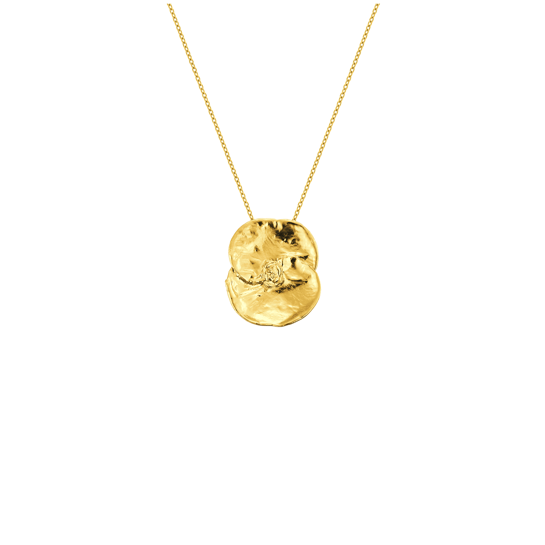 Risis Promesse Necklace (G) - A golden pendant with a textured surface and organic shapes hangs delicately from a fine chain, embodying elegance and artistic expression.