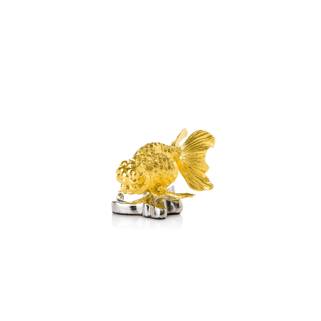 Risis Ranchu Goldfish Name Card Holder (Small) - A golden fish figurine with intricate texture and pronounced fins perched atop a polished silver base, displaying an artistic blend of colors and craftsmanship.