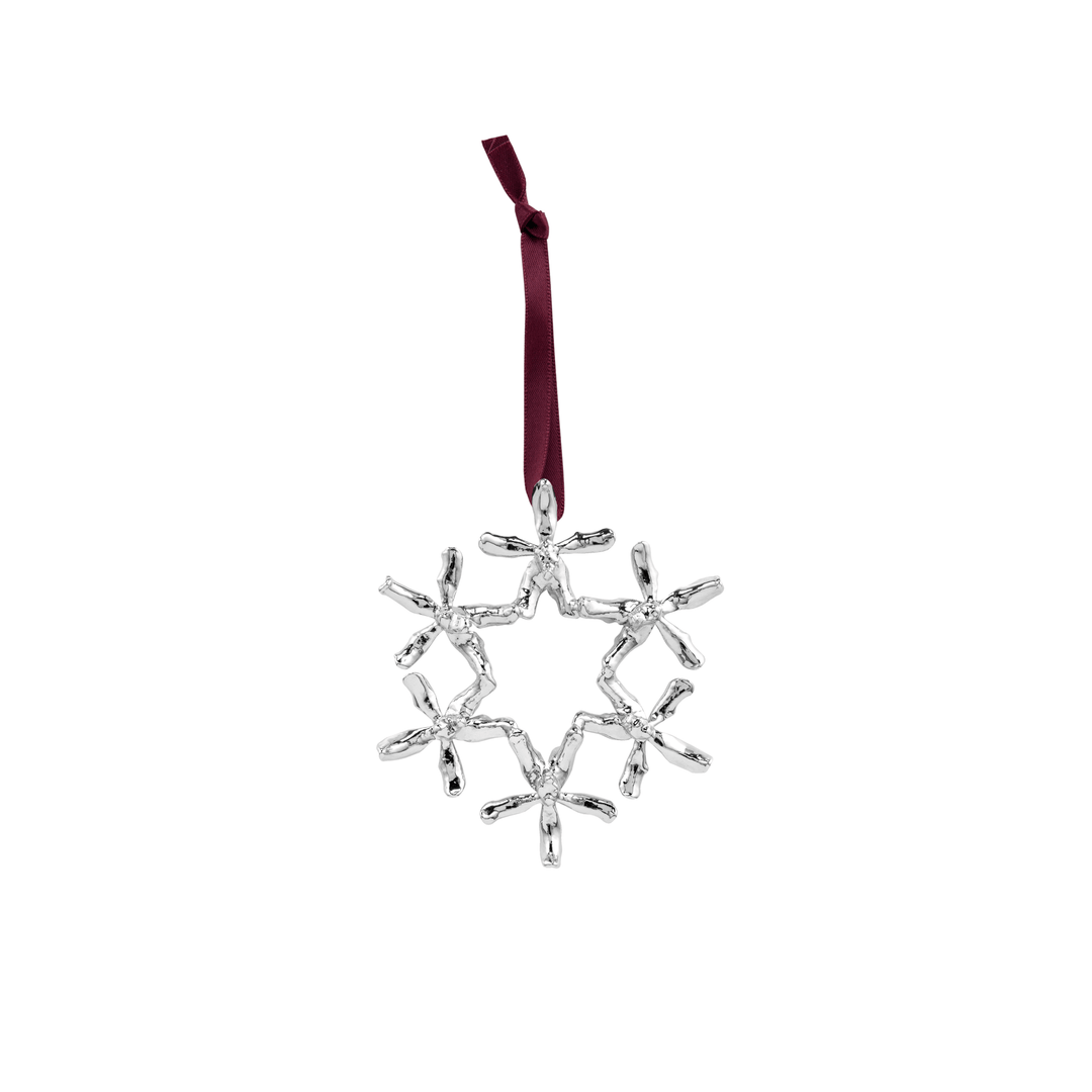 Risis Renantanda Sawadi Orchid Ornament (RH) - A silver snowflake-shaped ornament with a reflective surface hangs from a burgundy ribbon, conveying a festive and elegant look.