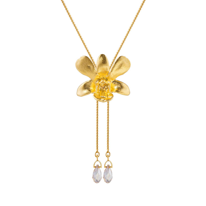 Dendrobium Thong Chai Orchid Slider Necklace with Crystal Tailends (G) - - RISIS