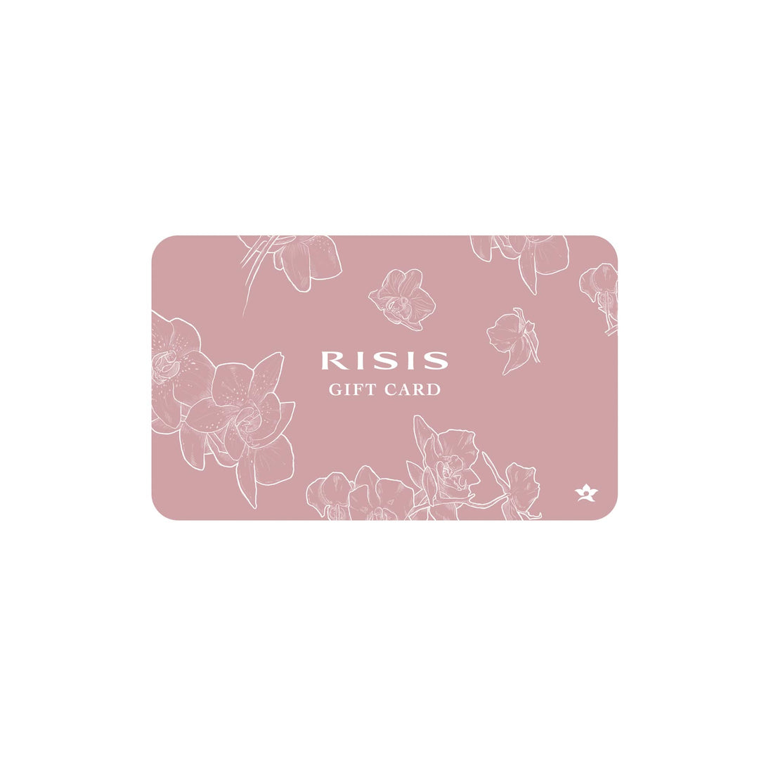 Risis - A gift card in muted pink features white, floral line art and stylized text displaying the brand and the card's purpose.
