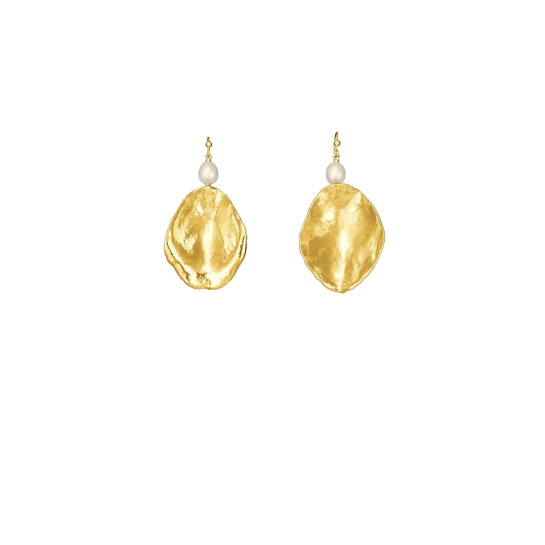 Risis Rose Petals Earrings with Pearl - A pair of gold-textured earrings, each with a lustrous pearl at the top, suspended elegantly on a white backdrop.