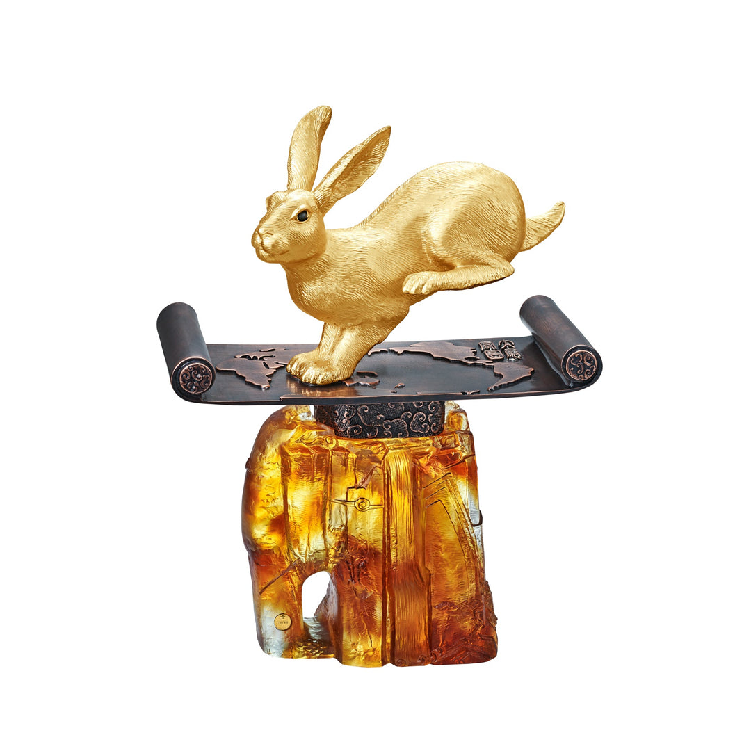 Risis The Magnificent Celestial - A golden rabbit is poised mid-leap on a black ornate skateboard, which rests on a translucent amber-colored structure with intricate details.