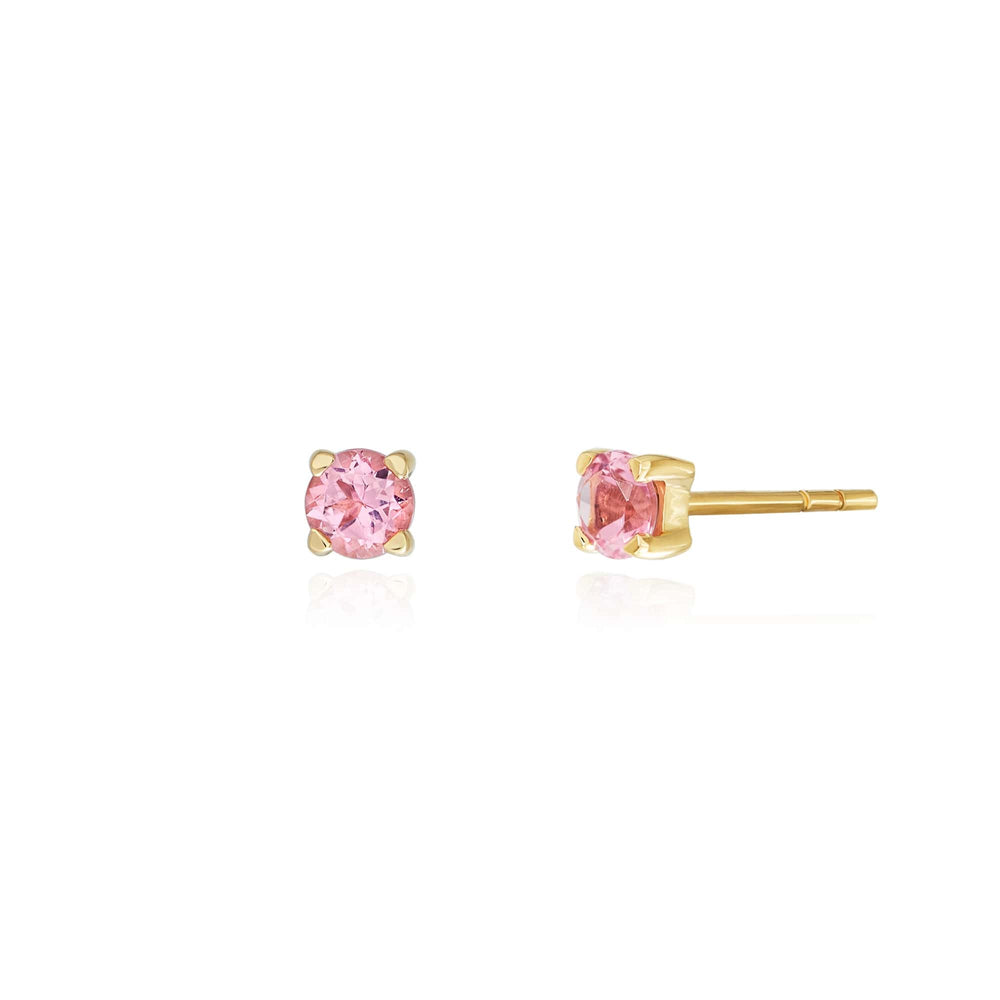 Risis Timeless Peranakan Earrings With Pink Tourmaline - A pair of pink gemstone stud earrings with a gold setting, reflecting light elegantly.