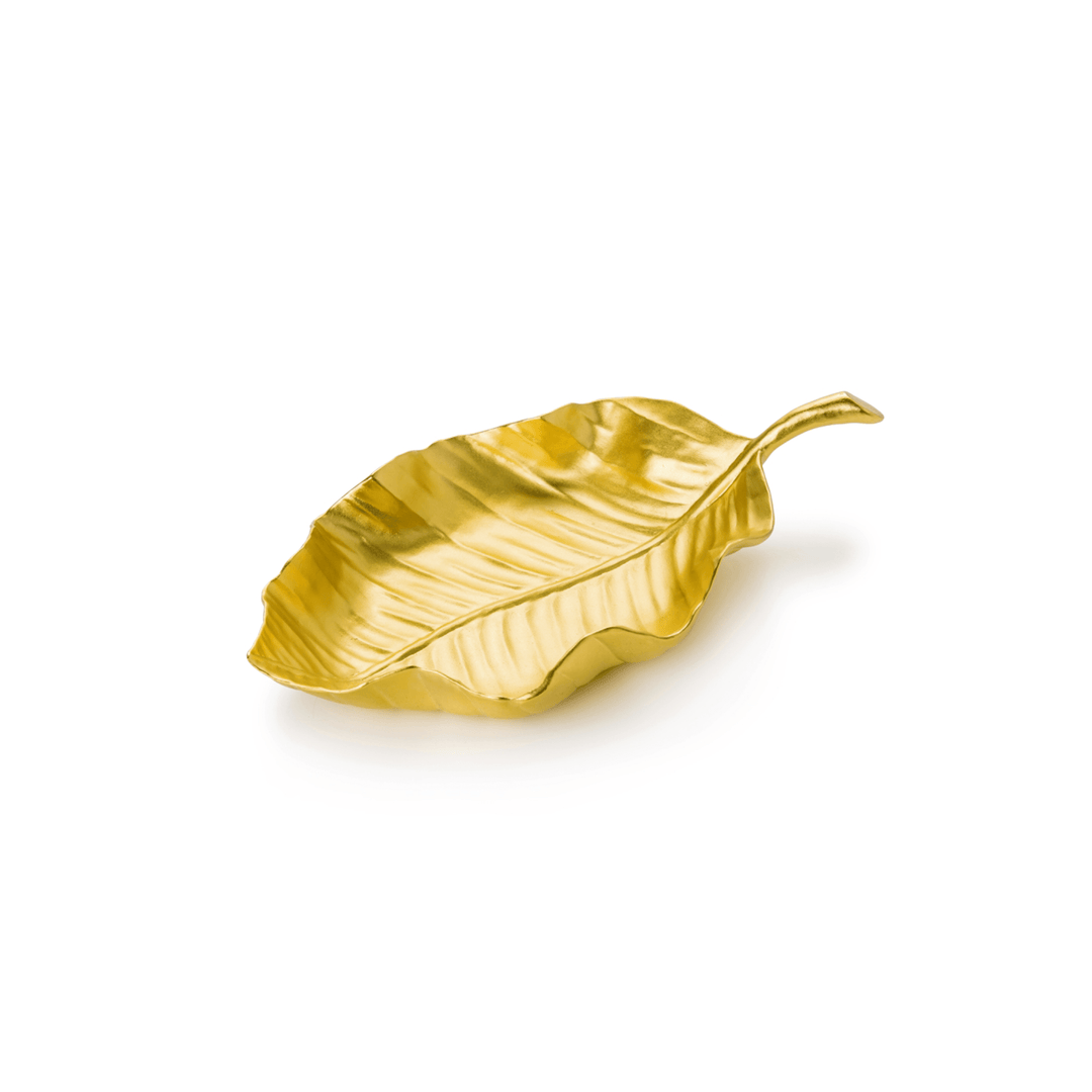 Risis Tropical Leaf Tray - A golden leaf-shaped object with intricate veins and a gently curled edge, exhibiting a polished and reflective surface.