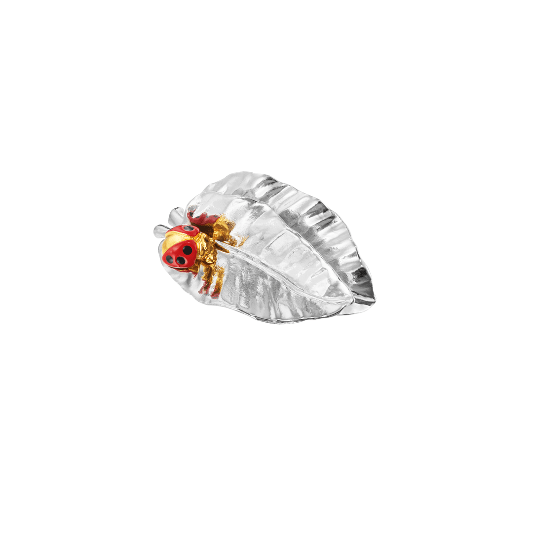 Risis Tropical Leaf with Ladybird Name Card Holder (RHG) - A translucent crystal leaf, with delicate veins and a textured surface, is adorned by a small, glossy red ladybug with black spots and golden details.