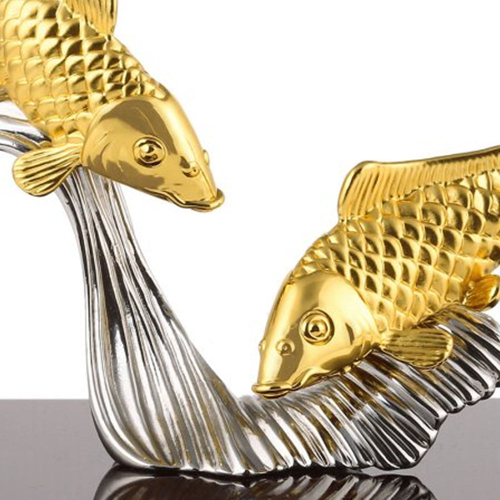 Risis Two Carps On Wave - Two metallic koi fish, one gold and one silver, with intricately textured scales, appear to swim together, touching at their mirrored, wavy tails.