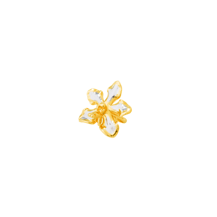 Risis Vanda Blossom Ring (PG) - A translucent, golden-yellow flower-shaped brooch with glossy, petal-like elements, exemplifying delicate craftsmanship and artistic design.