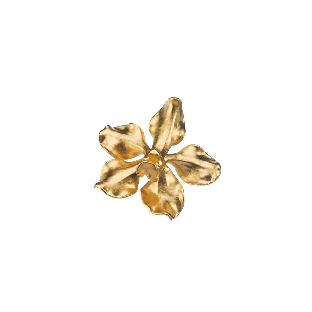 Risis Vanda Hybrid Orchid Brooch/Pendant (L1) (G) - A golden flower brooch with five textured petals, exuding elegance and simplicity, isolated on a plain background.