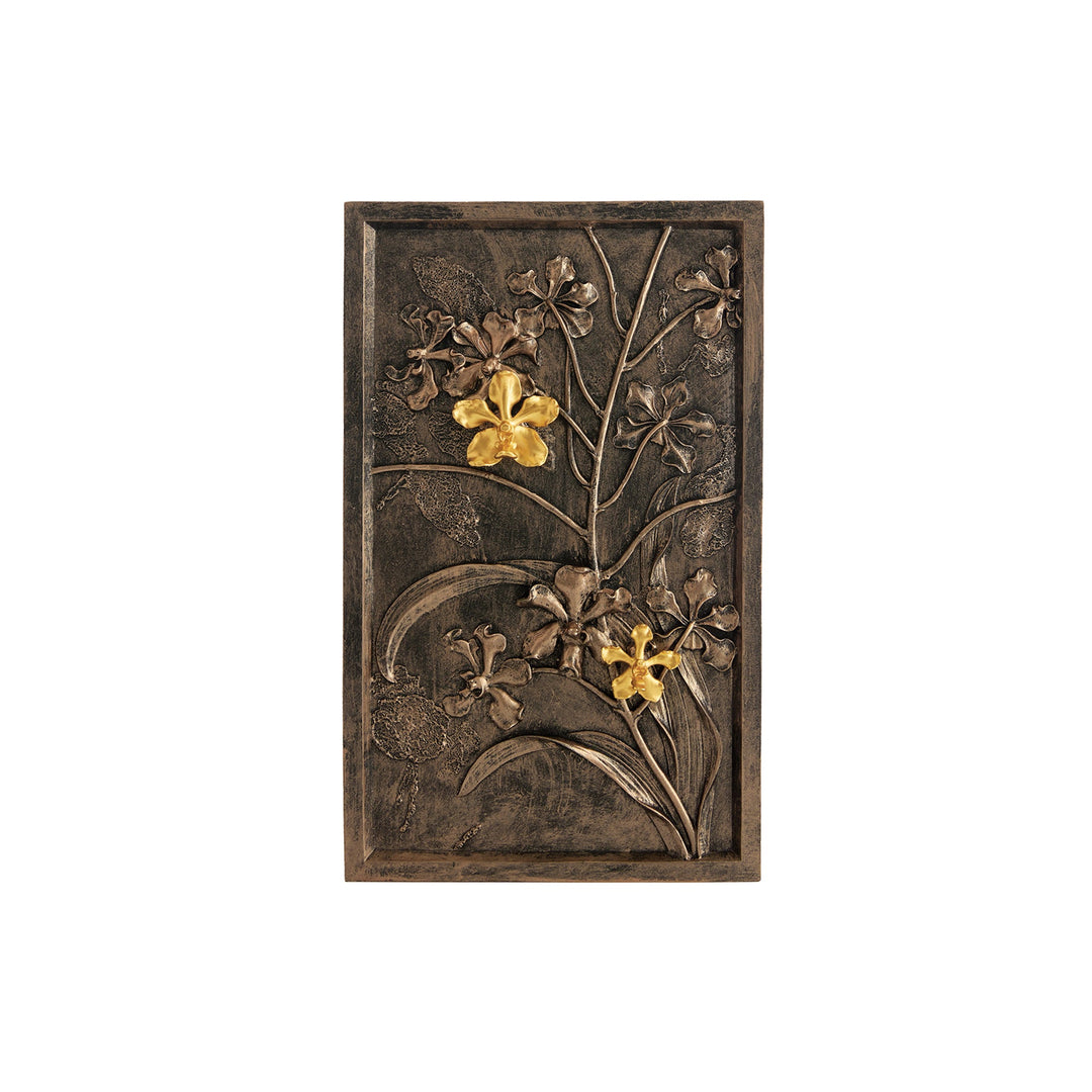 Risis Vanda Orchid Bronze Frame (L) - A rectangular, dark metallic panel featuring a raised, embossed design of flowers and leaves, with accents of gold on select floral elements for contrast.