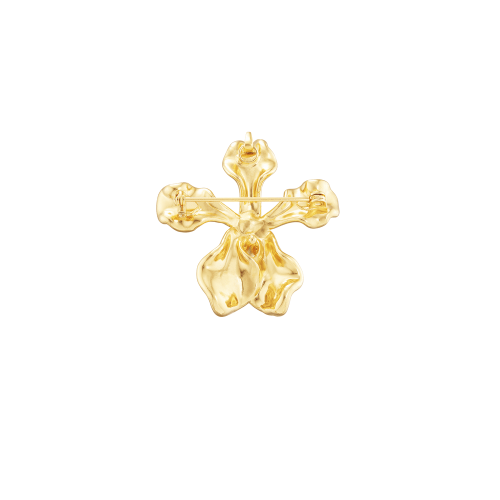 Risis Vanda Wee Kim Lian Orchid Brooch/Pendant (PG) - A glossy golden brooch with an abstract, organic design resembling four stylized petals combines elegance and modern artistry in a symmetrical arrangement.
