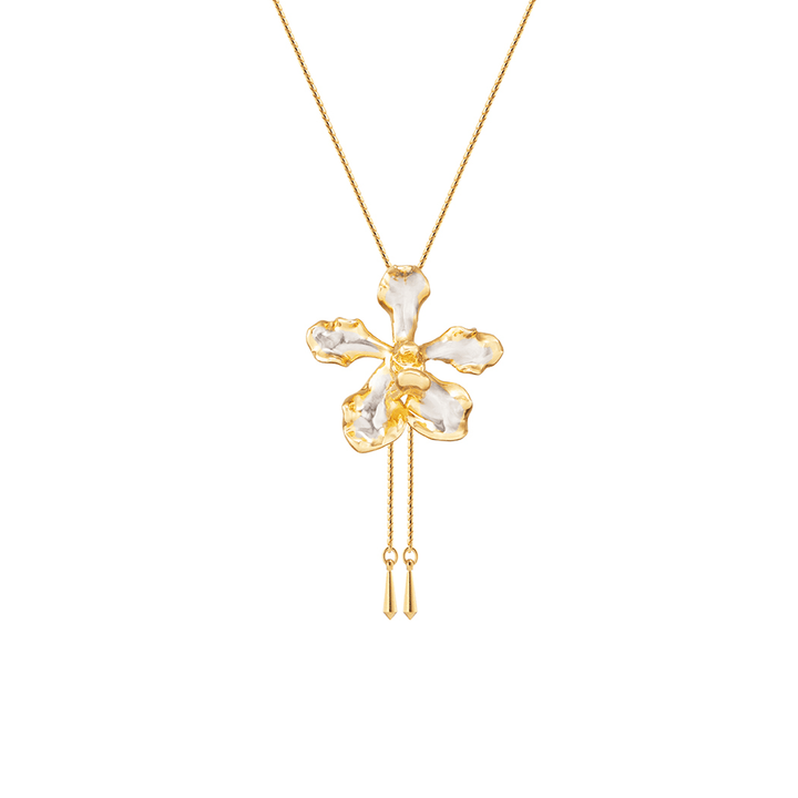 Risis Vanda Wee Kim Lian Orchid Slider Necklace (PG) - A gold chain necklace with an ornate, flower-shaped pendant featuring glossy, irregular gold edges and pearl-like inlays, accented by two dangling gold pieces.