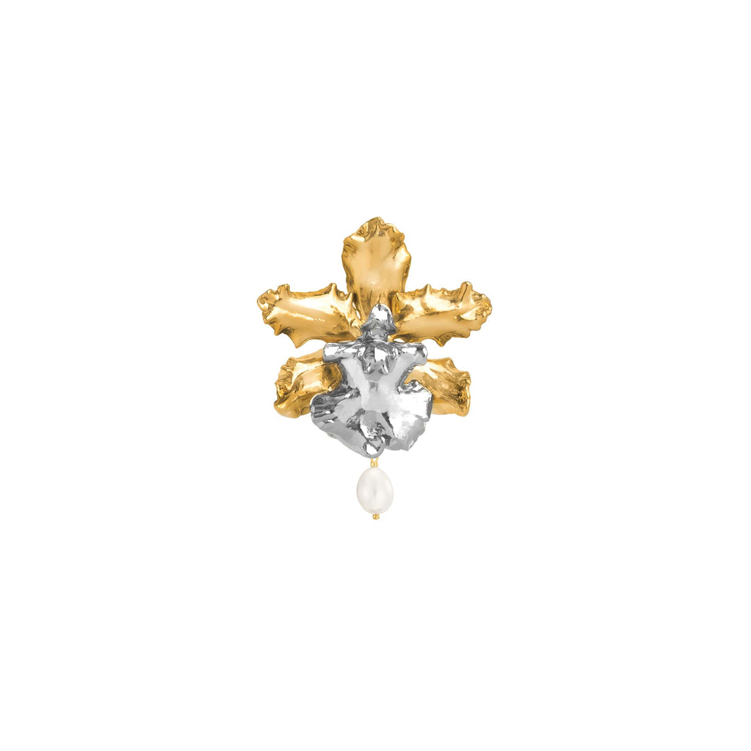 Risis Wilsonara Orchid Pearl Brooch - An ornate gold and silver cross pendant with intricate detailing and a single pearl hanging from the bottom.